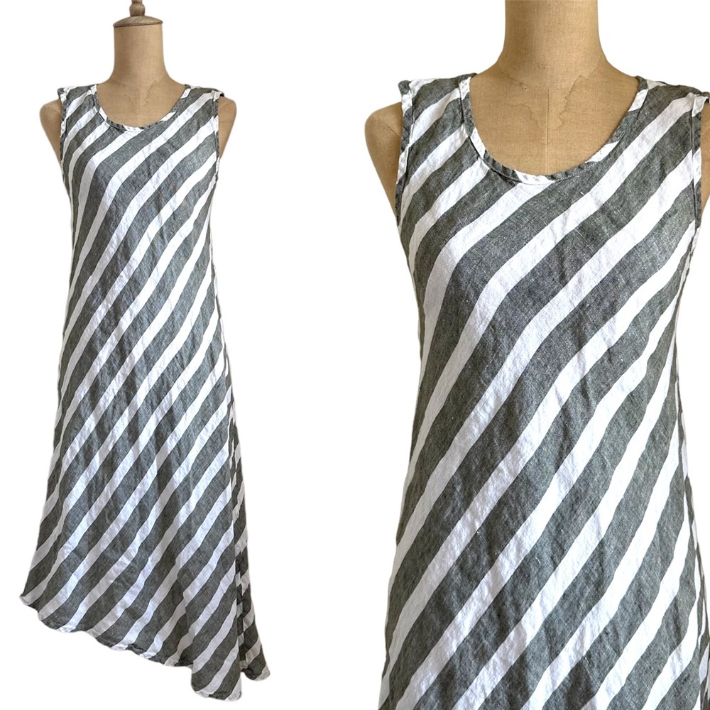 Flax Linen Boho Gray White Striped Asymmetrical Lagenlook Midi Dresse